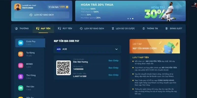 Quy trình nạp tiền đơn giản